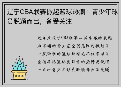 辽宁CBA联赛掀起篮球热潮：青少年球员脱颖而出，备受关注